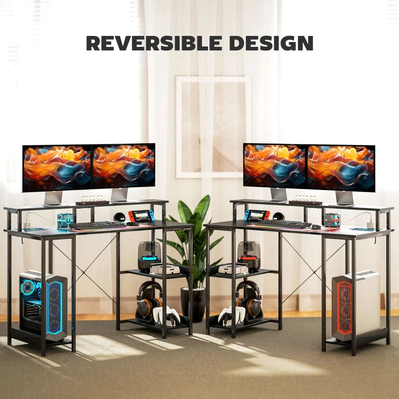 Modern LED Computer Desk with Power Outlets & Shelves - Stylish Black Home Office Furniture