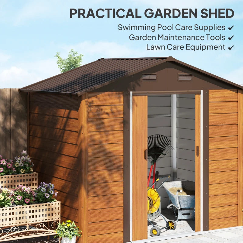 8ft x 6ft Garden Storage Shed with Sliding Door - Durable Brown Wood Effect Outdoor Storage