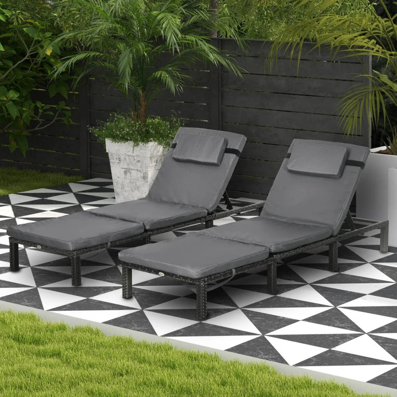 Grey Rattan Reclining Sun Loungers Set with Cushions - 2 Pack