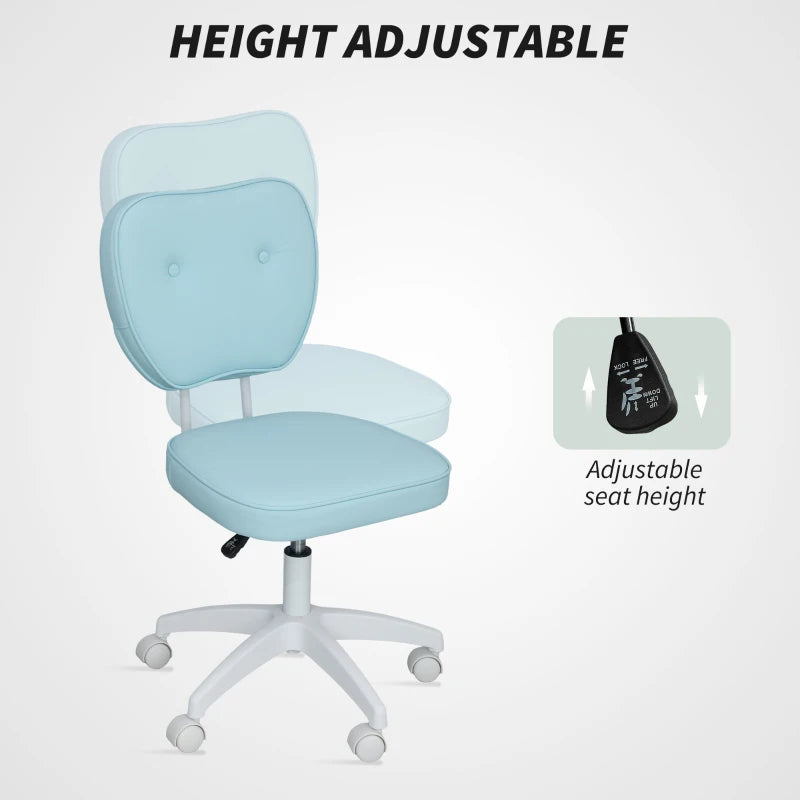 Vinsetto Blue PU Leather Vanity Office Chair - Adjustable Height, Armless Design, Swivel Wheels for Home & Office