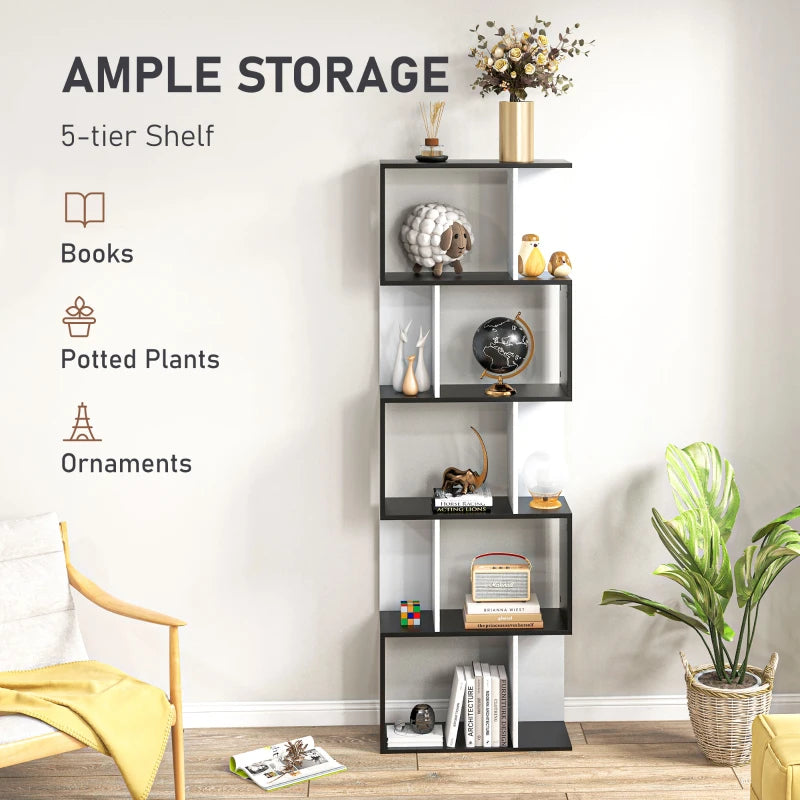 S-Shaped Wooden Bookcase - 5/6 Tier Freestanding Storage Shelf for Home Office - Black & White Decorative Display Rack