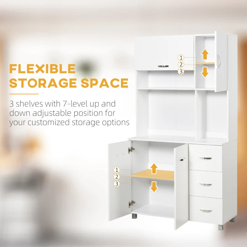 183cm Tall Kitchen Cupboard Storage Cabinet with Countertop, 3 Drawers, Flip Top Door, 3 Doors & Open Shelves - White