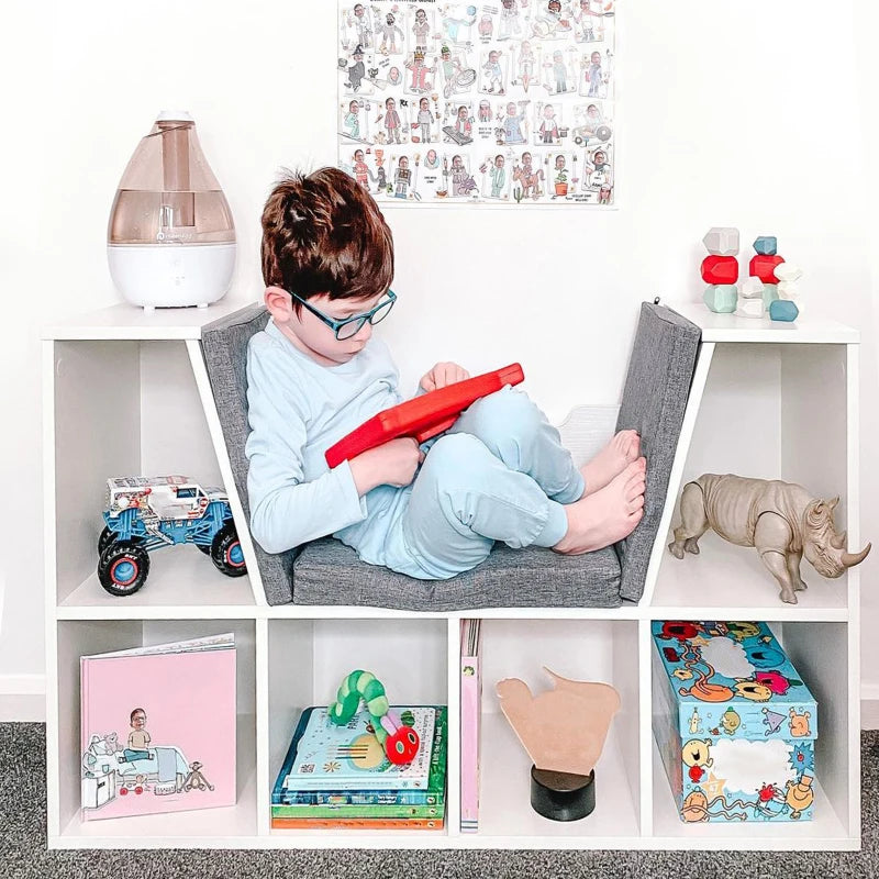 Stylish White Bookcase Storage Shelf with Cushioned Reading Seat - Cube Bookshelf Organizer for Bedroom & Living Room