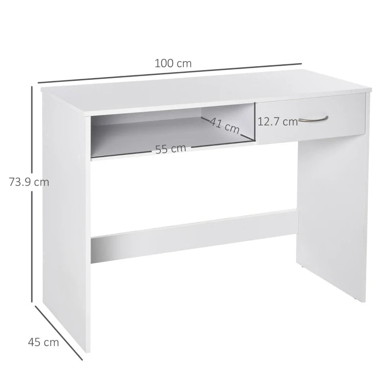 Compact White Computer Desk with Drawer & Storage Compartment - Stylish Study Table & Writing Workstation for Home Office