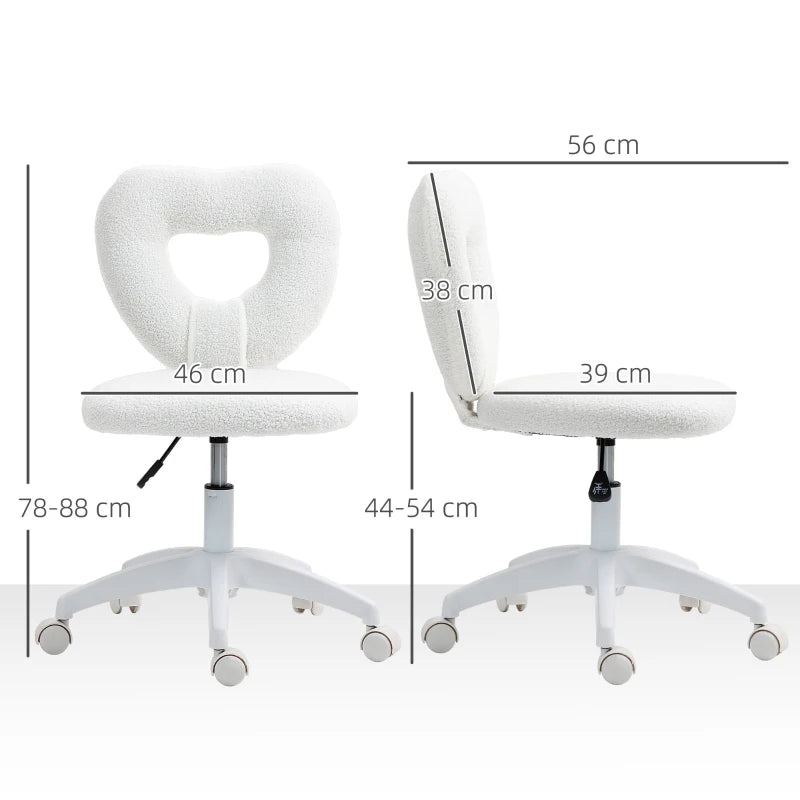 Armless Heart Computer Desk Chair - Teddy Fleece Swivel Office Chair, Adjustable Height, Wheels, Ideal for Home Study & Bedroom, White