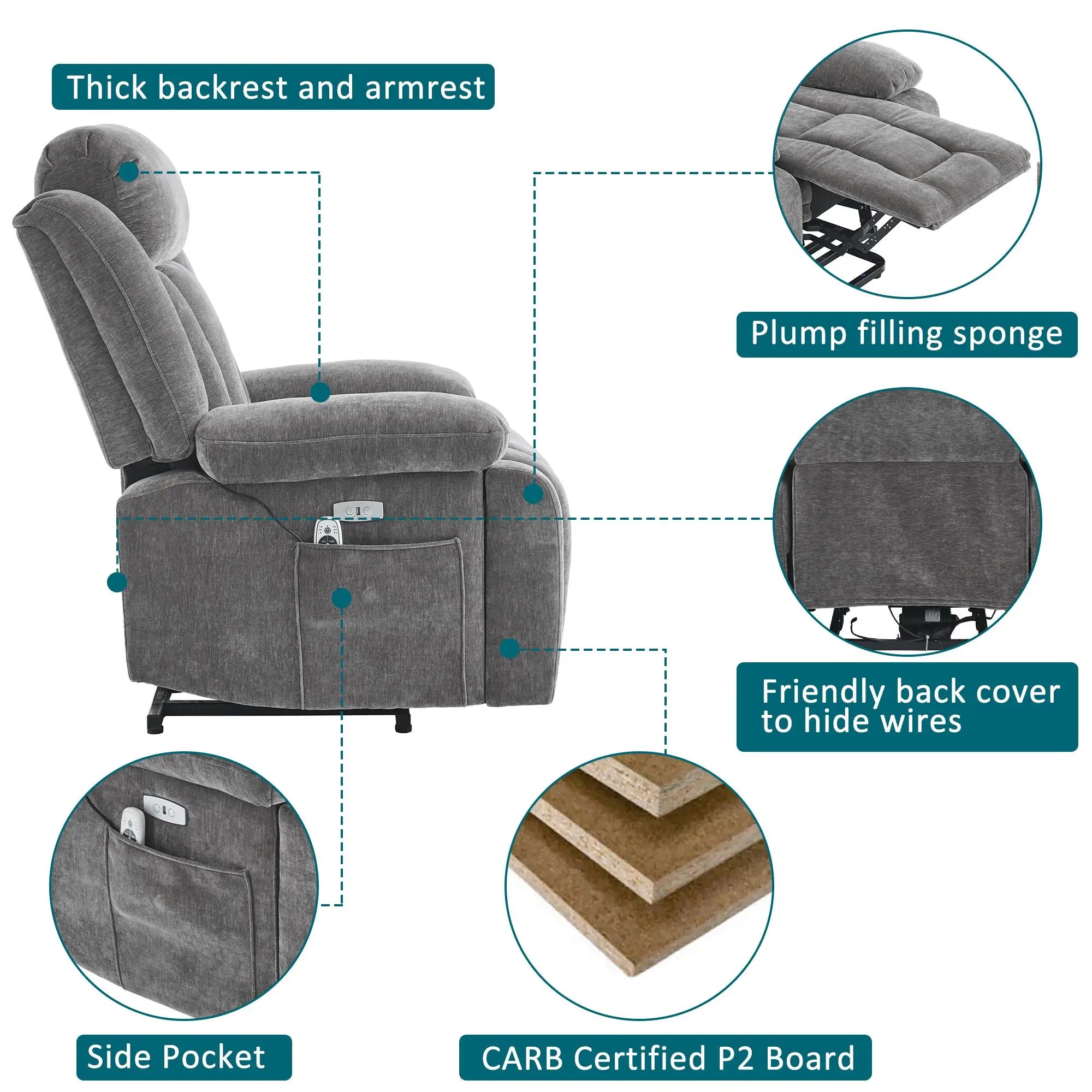 RelaxMax ProLift Electric Recliner – Heated Massage Chair with USB Ports, Storage Pocket & Easy Assembly, 95×94×107 cm, Grey
