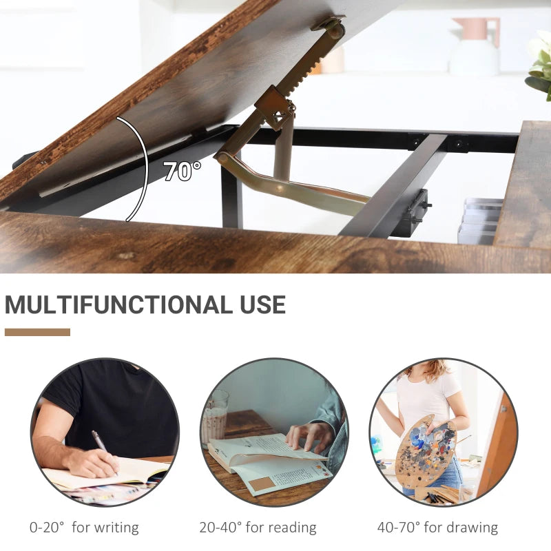 Adjustable Drafting Table Art Desk - Multifunctional Craft Workstation with 15-Level Tiltable Top & Storage Shelf - Rustic Brown