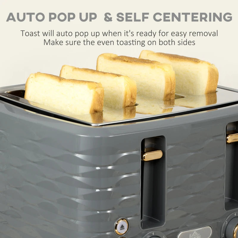 3000W Kettle & 4 Slice Toaster Set - 1.7L Rapid Boil, 7 Browning Controls, Defrost & Reheat, UK Otter Thermostat, Grey