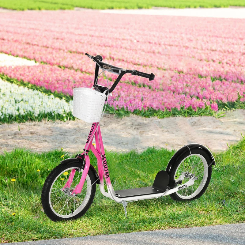 Kids Kick Stunt Scooter with Adjustable Handlebar, Dual Brakes, Basket & Cupholder, 16" Inflatable Wheels, Pink for Ages 5-12