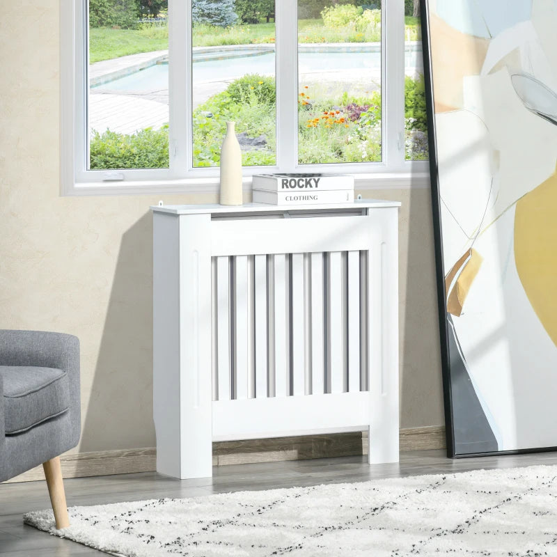 Elegant White Slatted Radiator Cover Cabinet MDF Lined Grill 78L x 19W x 81H cm