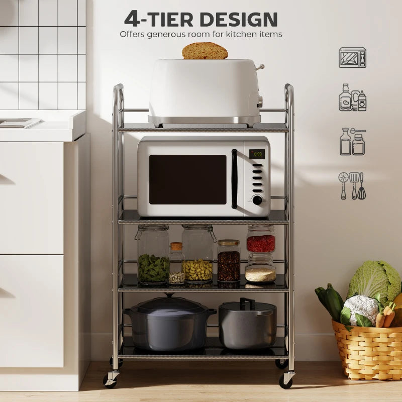 4-Tier Stainless Steel Kitchen Storage Trolley with Adjustable Shelves - Versatile Silver Cart for Organizing Kitchen Essentials