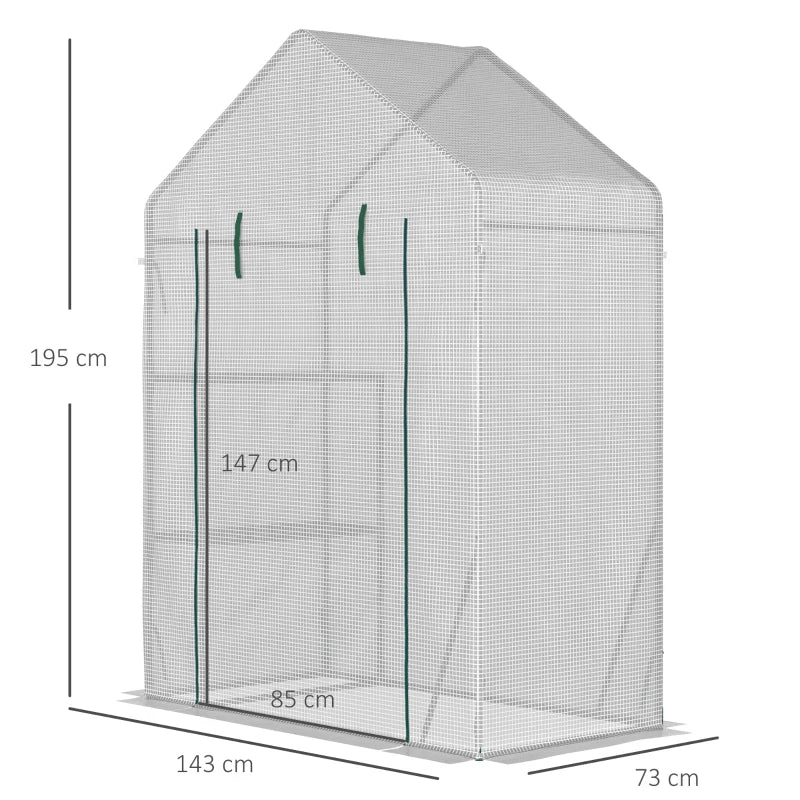 Portable Greenhouse with 2 Tier Shelf, Roll-Up Door, PE Cover - Green, 143 x 73 x 195cm