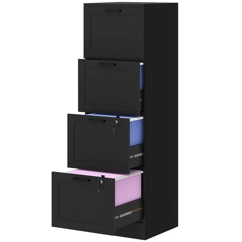 Secure 4 Drawer Filing Cabinet with Lock - Adjustable Hanging Bars for A4 Files - Stylish Black Office Storage Solution