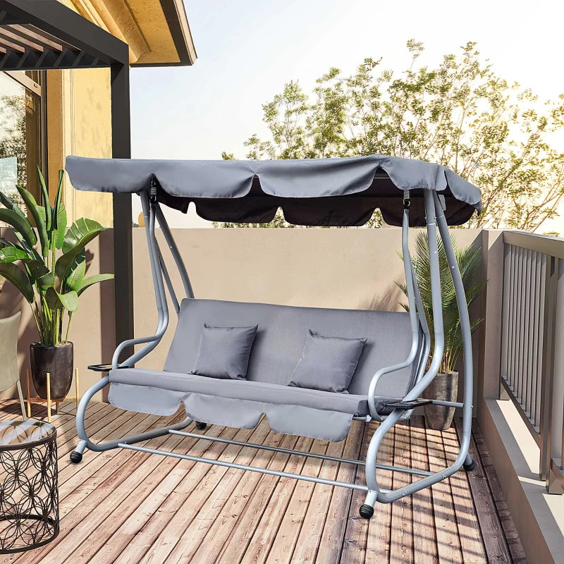 Grey 3 Seater Convertible Garden Swing Bed with Canopy and Cushions