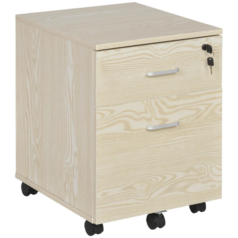 Vinsetto 2-Drawer Locking Office Filing Cabinet with 5 Wheels - Oak Wood Grain Storage for A4 Files & Home Organization