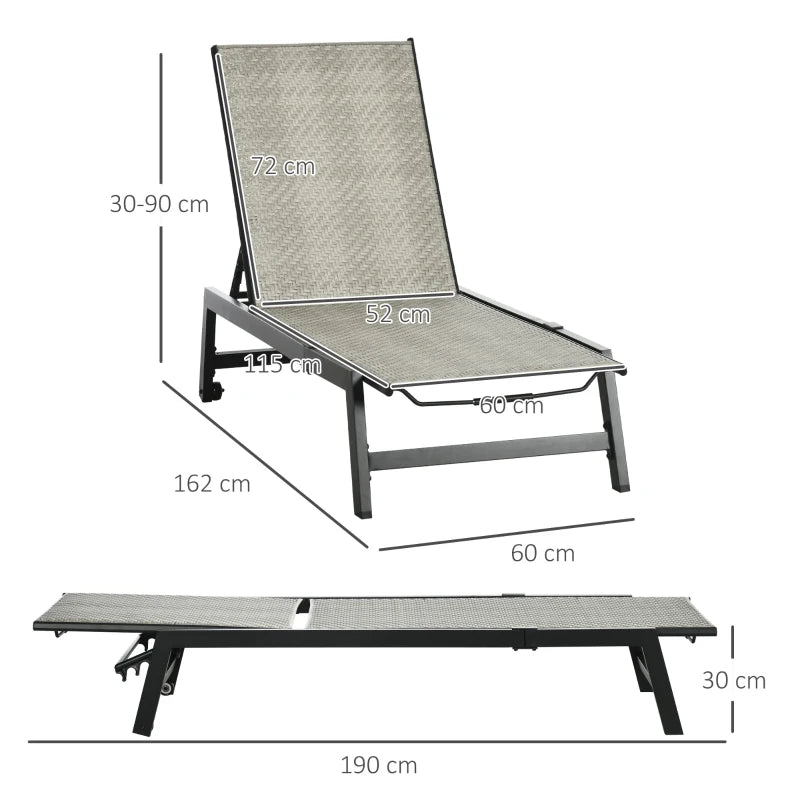 Grey Rattan Sun Lounger with 5-Position Backrest and Wheels