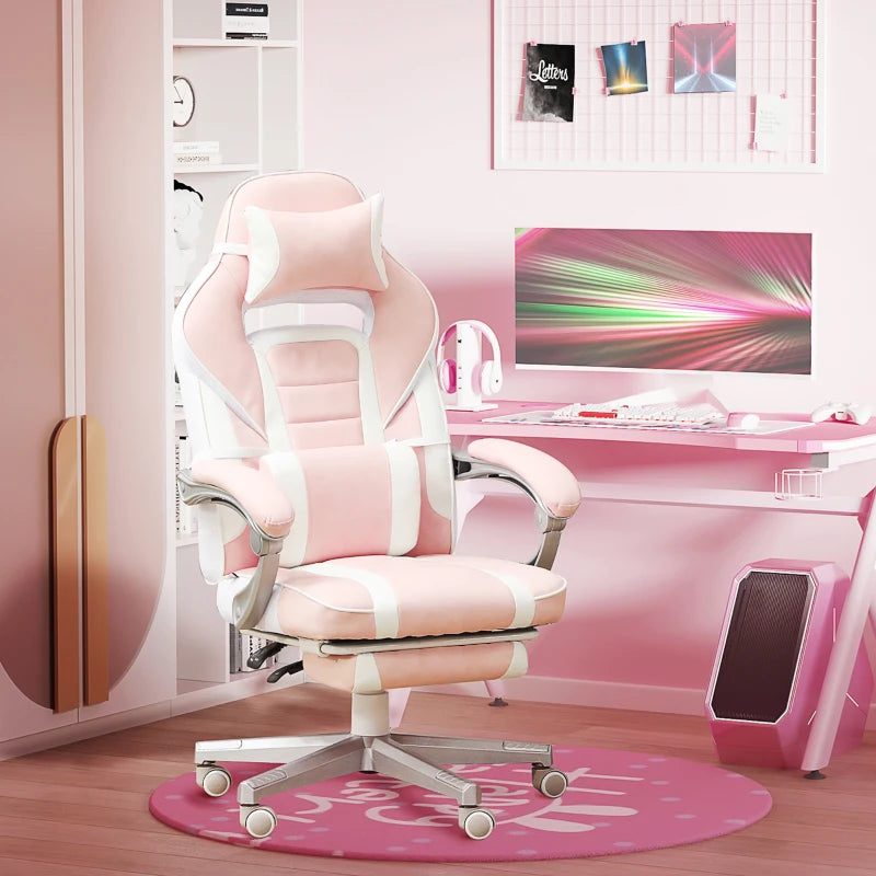 Faux Leather Pink/White Reclining Gaming Chair with Footrest - Ergonomic Comfort for Gamers