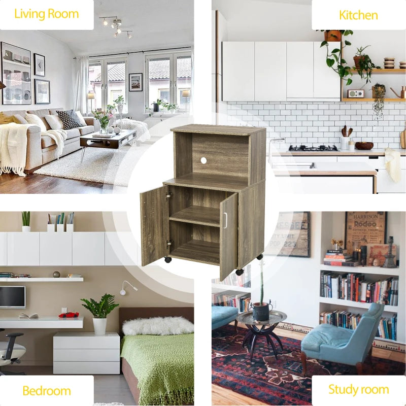 Modern Oak Kitchen Storage Unit - Microwave Stand Trolley Cart with Locking Wheels & Shelf for Living Room/Dining Room