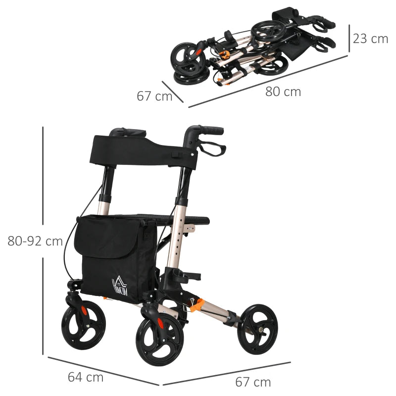 Lightweight Aluminium 4 Wheel Rollator with Seat and Back for Seniors Adjustable Height Folding Mobility Walker with Carry Bag Dual Brakes Cane Holder Gold Tone