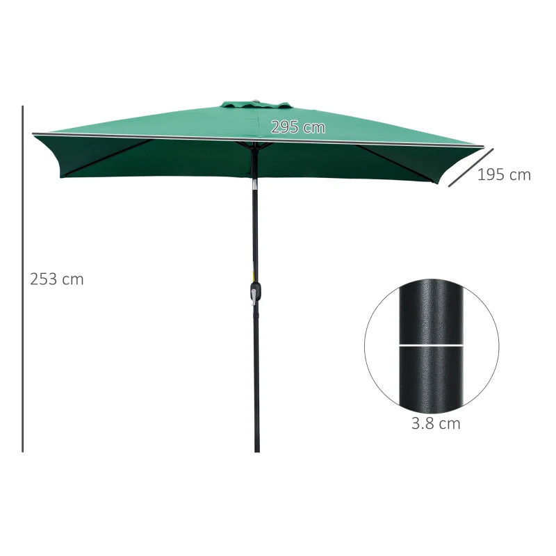 Green Rectangular Patio Umbrella with Tilt Crank - 3x2m