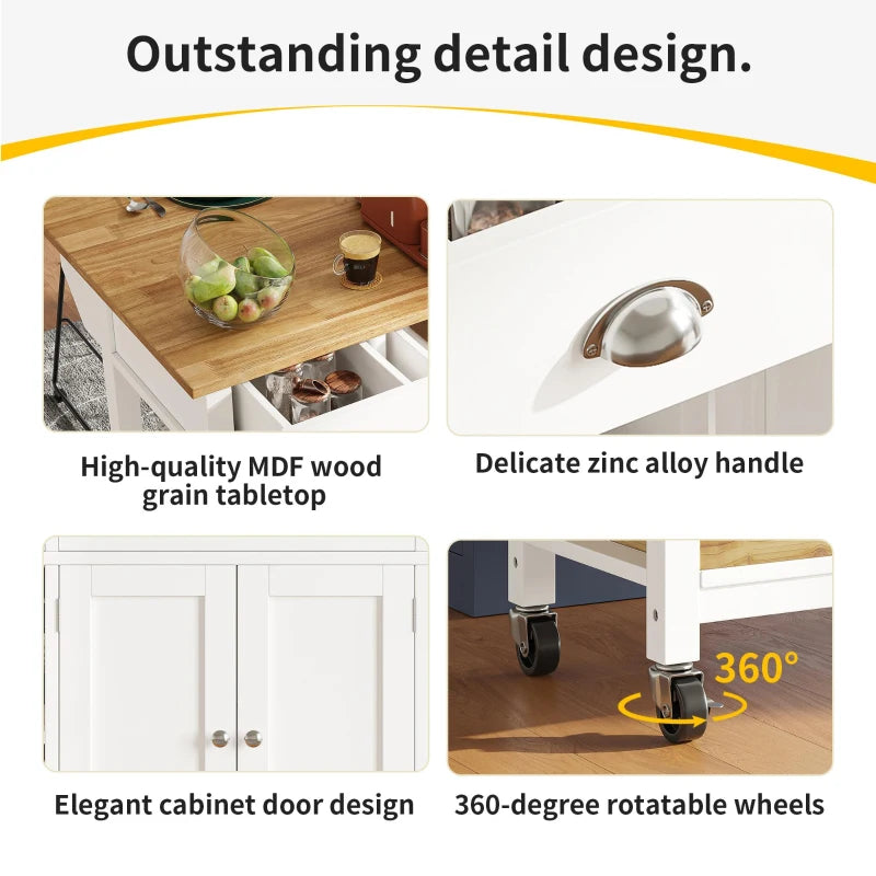 Rolling Kitchen Island Trolley with Adjustable Shelf, 3 Drawers, Spice Rack & Folding Side Board - White, 120x45x90 cm