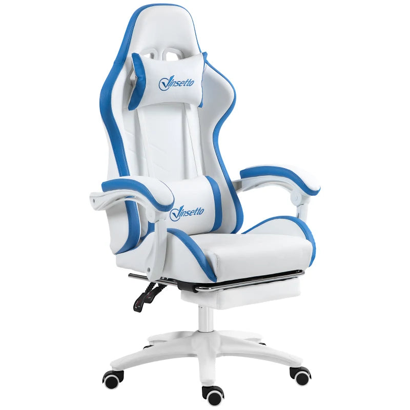 Vinsetto White and Blue Gaming Chair - PU Leather Office Desk Chair with Footrest, 135° Recline, Lumbar Support & Headrest