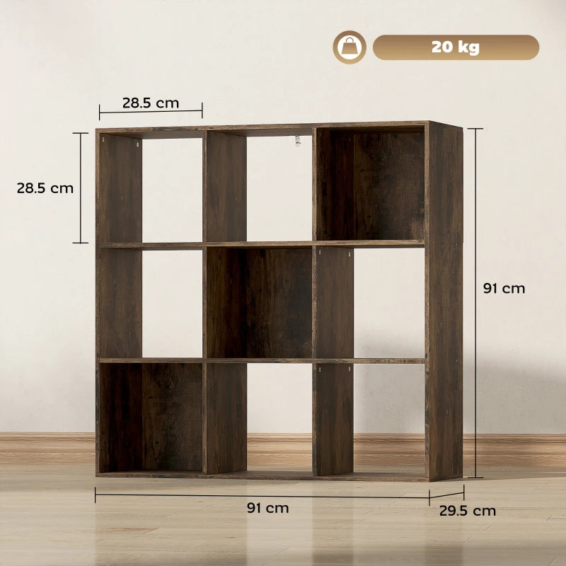 Rustic Brown Nine-Cube Storage Shelf - Versatile Organizer for Home, Office, and Kids' Rooms - Stylish and Functional