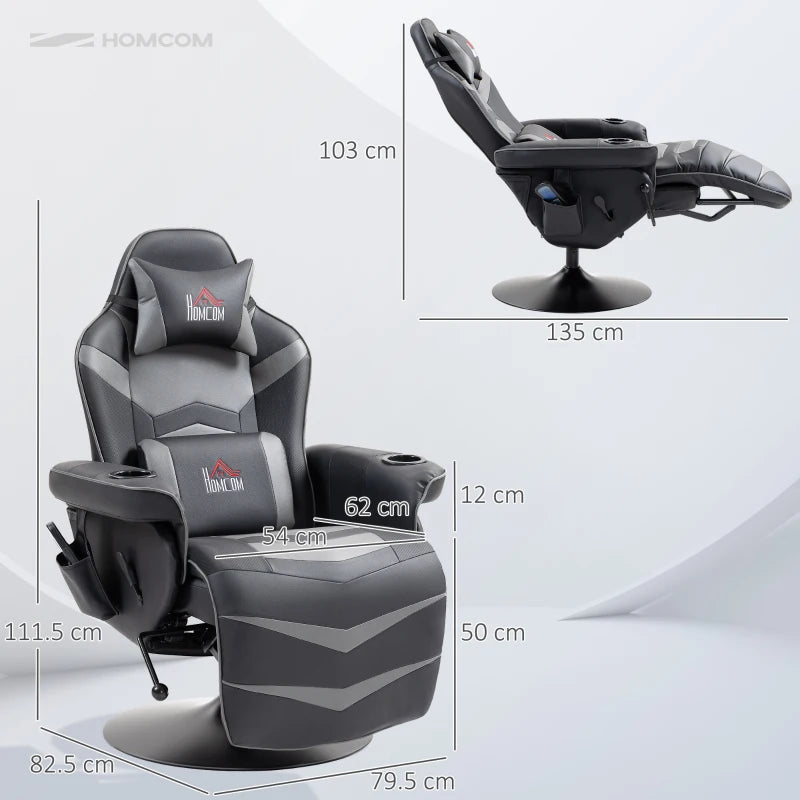 Comfortable Massage Recliner Chair with Remote Control, PU Leather, Cup Holders, Side Pockets, 360° Swivel, Grey