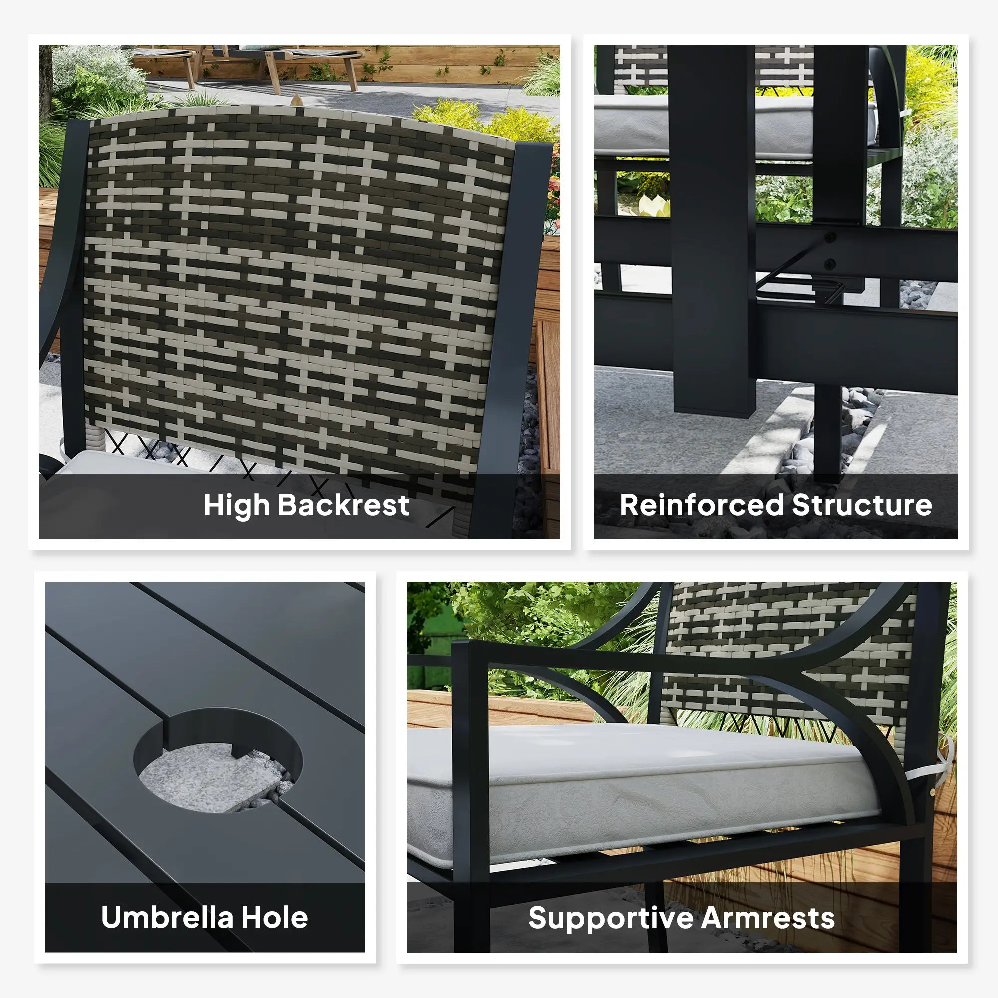 6 Seater Rattan Dining Set with 6 Armchairs, 150 x 96cm Rectangular Table, Umbrella Hole