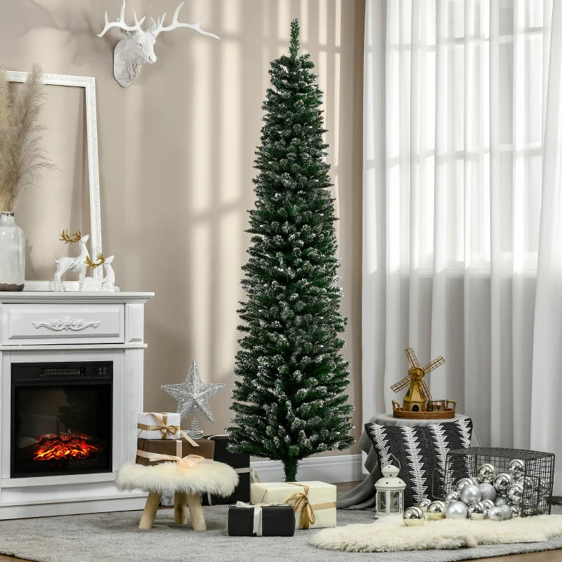 6FT Snow Dipped Christmas Pencil Tree - Foldable Black Stand, Green Holiday Indoor Decoration for Festive Home Decor