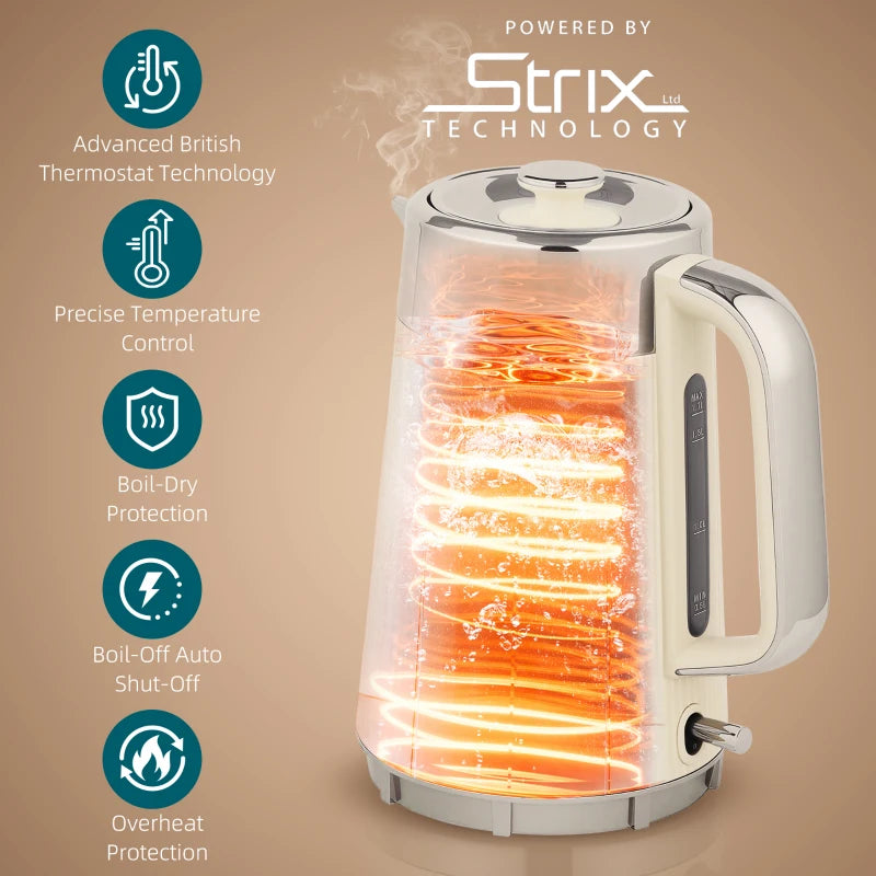 Electric Stainless Steel Kettle & Toaster Set - 3000W Fast Boil, 1.7L, UK Strix Thermostat, 4 Slice, Cream Finish
