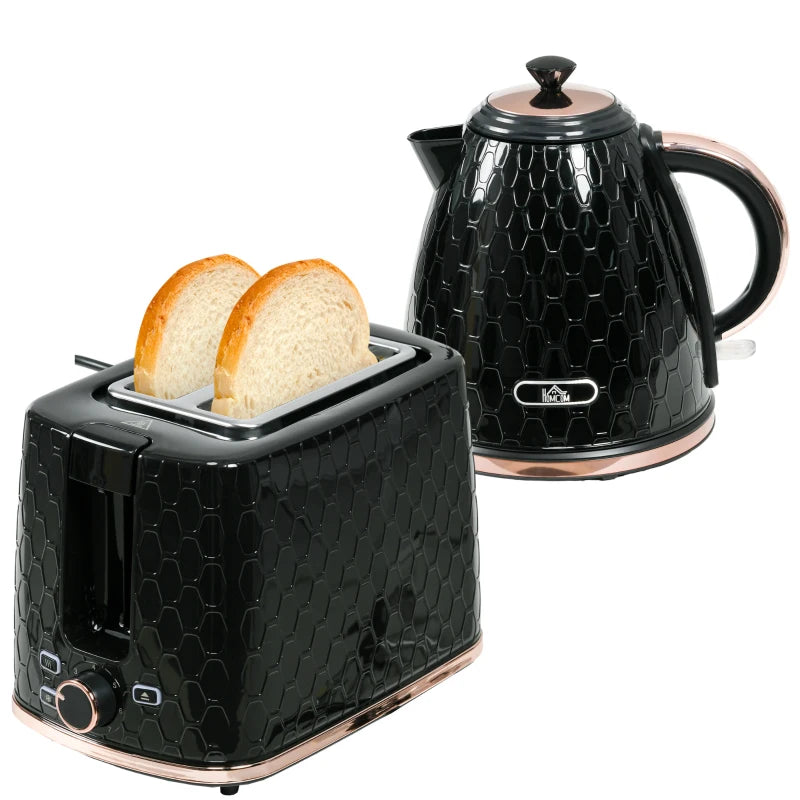 1.7L 3000W Fast Boil Kettle & 2 Slice Toaster Set - Auto Shut Off, Browning Controls, Black Kitchen Essentials