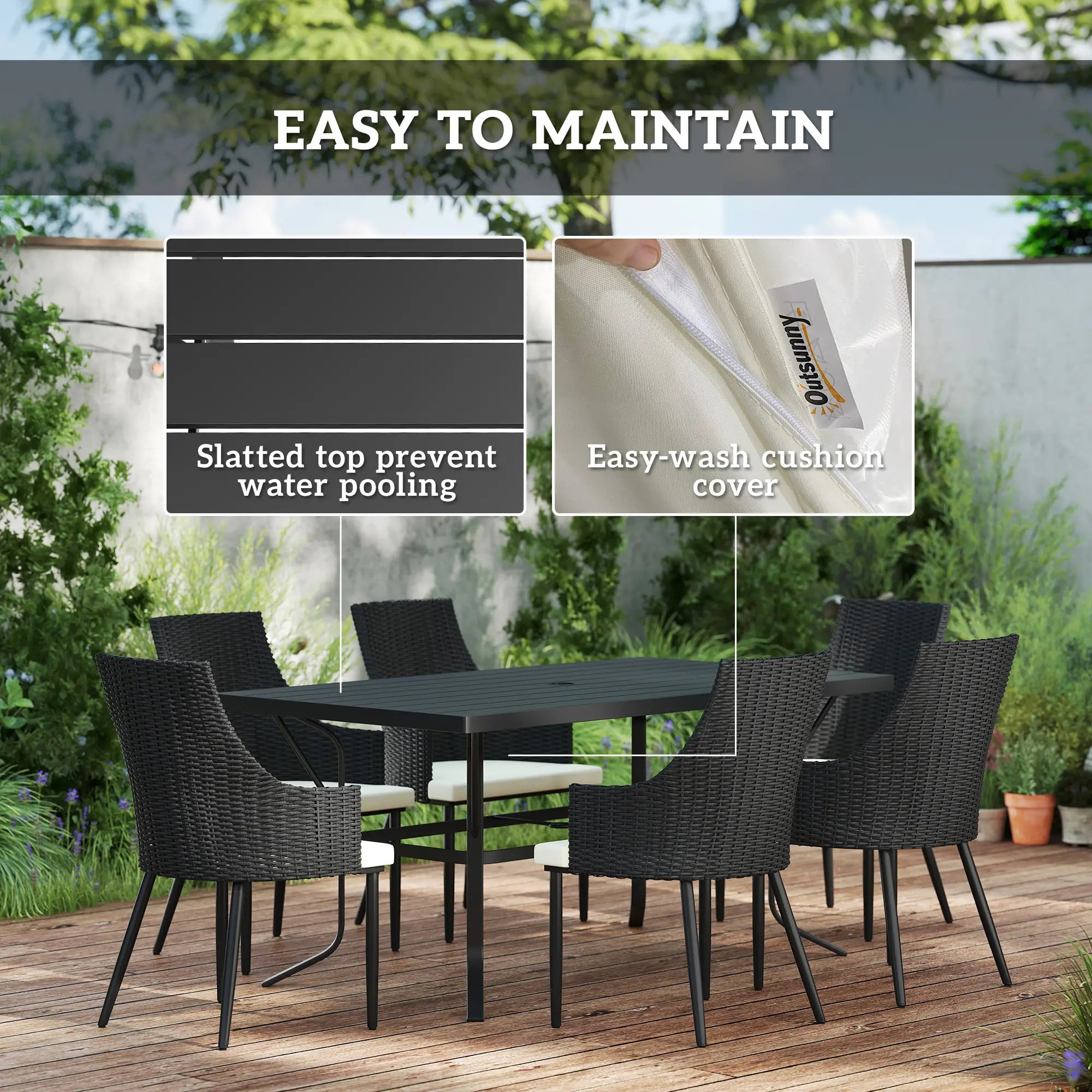 6 Seater Black & Cream White Rattan Dining Set with Cushions, Armchairs, Rectangle Slatted Table Top, Steel Frame, Parasol Hole, Wicker Outdoor Furniture for Patio