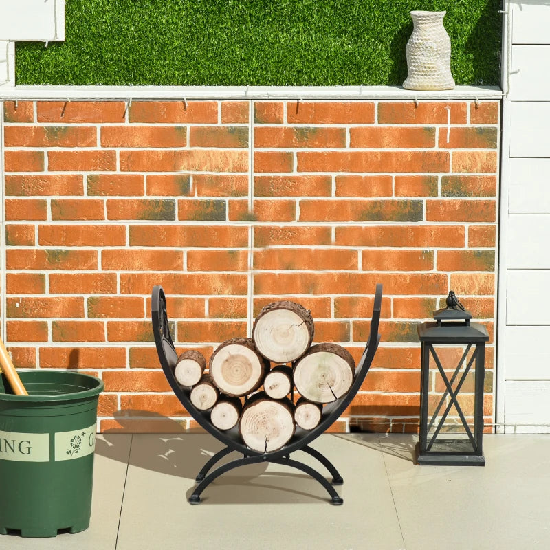 Metal Arced Firewood Log Holder Rack - Indoor Outdoor Folding Wood Storage Shelf with Leaf Pattern, Black, 43.5W x 36.5D x 41H cm