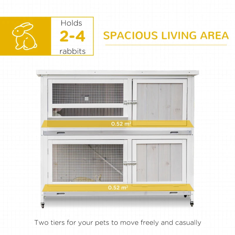 White Wooden Pet Hutch - Two-Tier Cage with Rain Cover & Wheels for Easy Mobility - Perfect for Rabbits & Small Pets