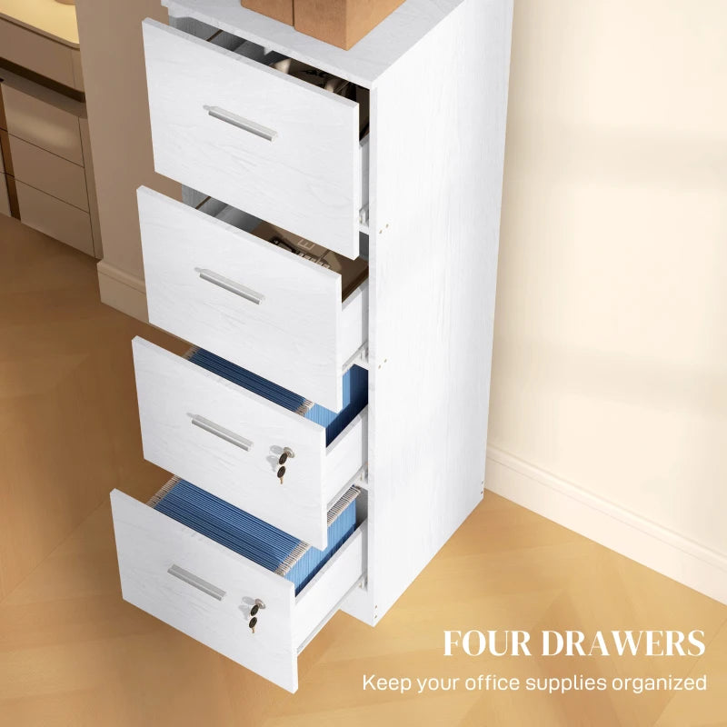 Stylish White Wood Effect Four-Drawer Lockable Filing Cabinet for Secure Document Storage - Ideal for Home or Office