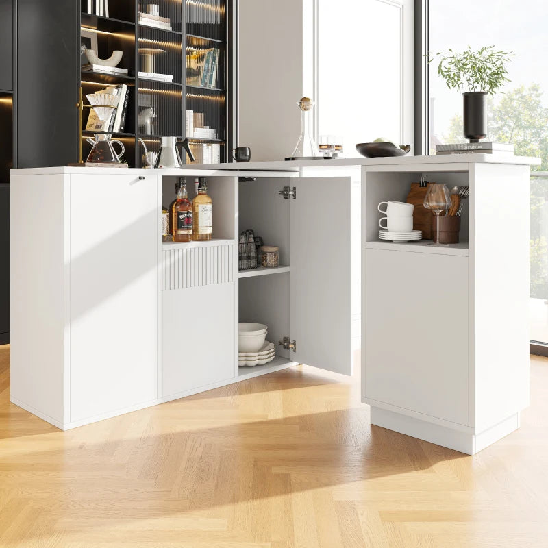 360° Swiveling Bar Table with Marble Top & Open Storage - Stylish Kitchen & Living Room Furniture, 198.5L x 30W x 72.5H cm, White