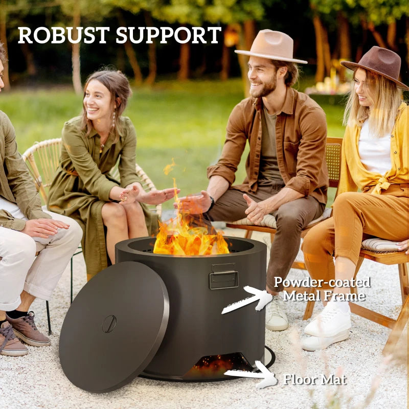 Outdoor Round Fire Pit with Lid & Poker - Durable Black Steel Design for Backyard Patio Heating & Ambiance