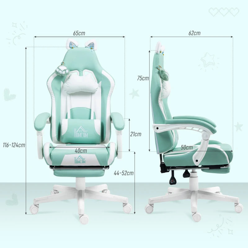 Cat Ear and Paw Reclining Office Chair with Footrest - Cute Light Blue/White Design for Comfort and Style