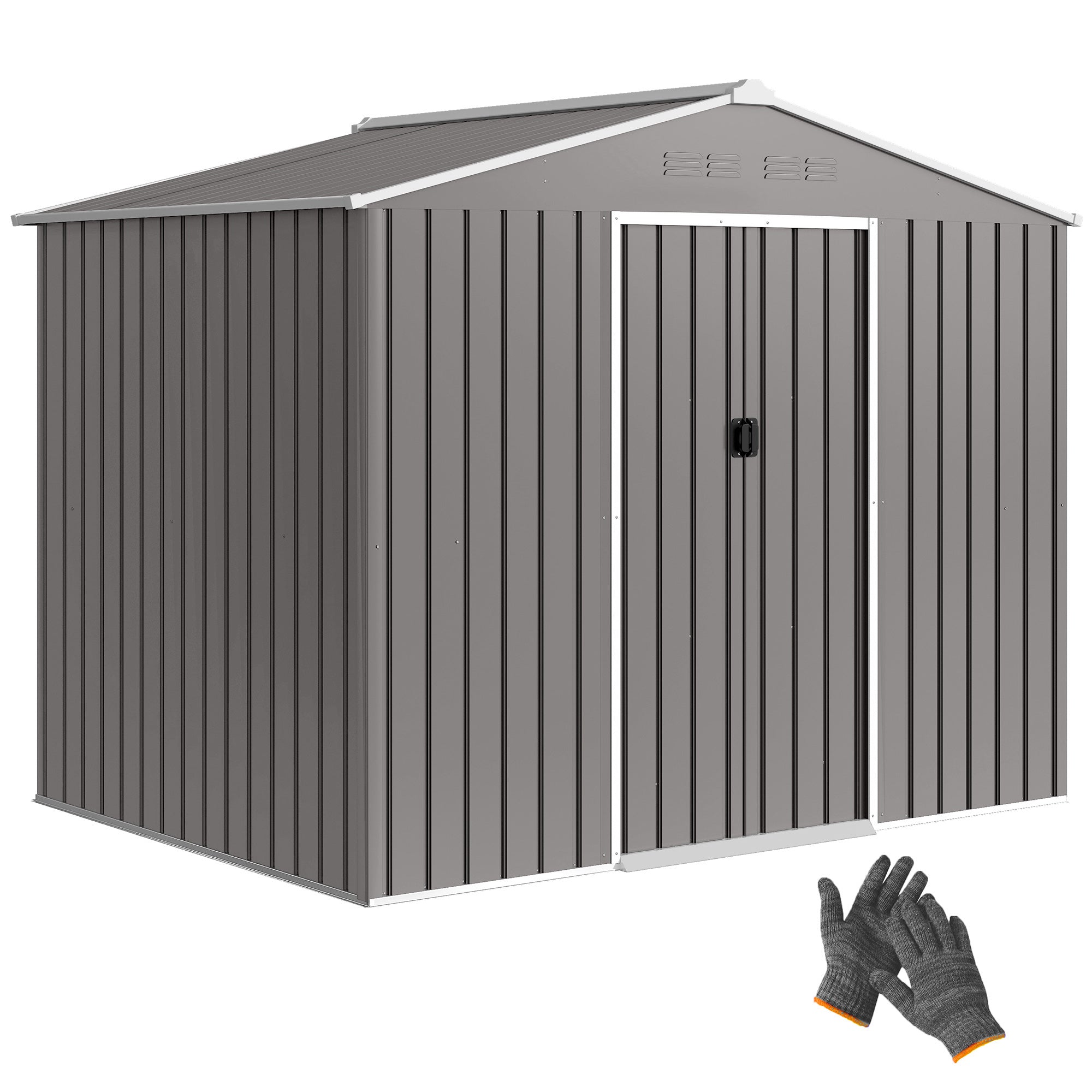 8 x 6ft Galvanised Steel Garden Shed with Lockable Double Sliding Doors – Large Outdoor Metal Storage, Ventilated, Weather & Rust Resistant, Light Grey