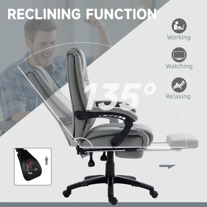 Vinsetto Grey PU Leather Office Chair with Footrest, Swivel Design, Adjustable Height, Wheels - Ergonomic Computer Chair