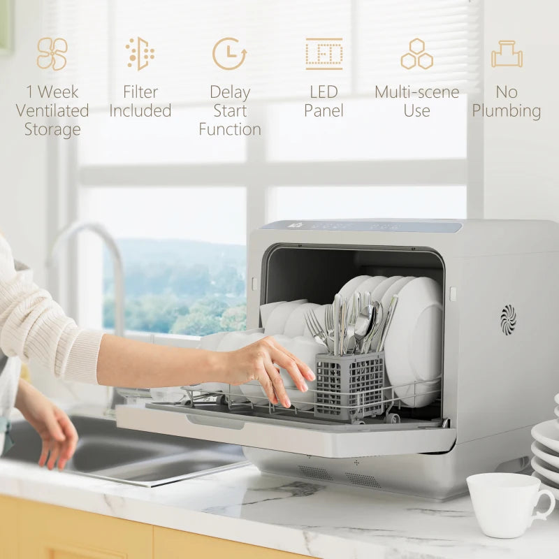 Compact Table Top Dishwasher - Mini Countertop Design, 6L Built-in Water Tank, 6 Wash Programs, 4 Place Settings, Silver Finish