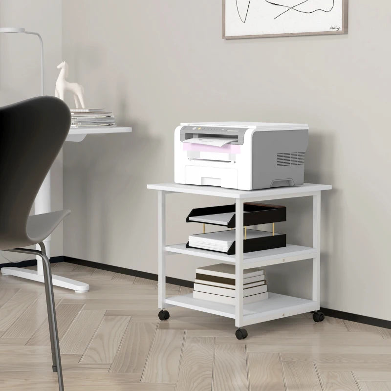Three-Tier White Steel Printer Stand on Wheels - Mobile Storage Solution for Home Office & Workspace Organization
