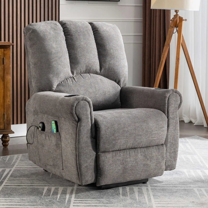 Electric Power Lift Recliner Chair with Heated Massage, Stand Assist, Storage Pockets and Cup Holders in Grey