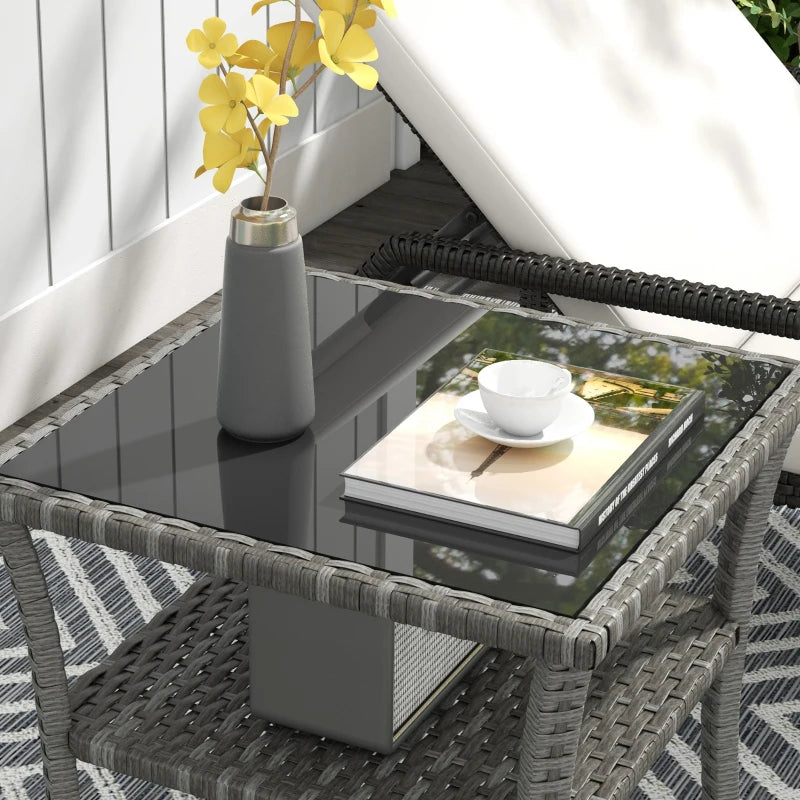 Grey Rattan Two-tier Patio Coffee Table with Glass Top