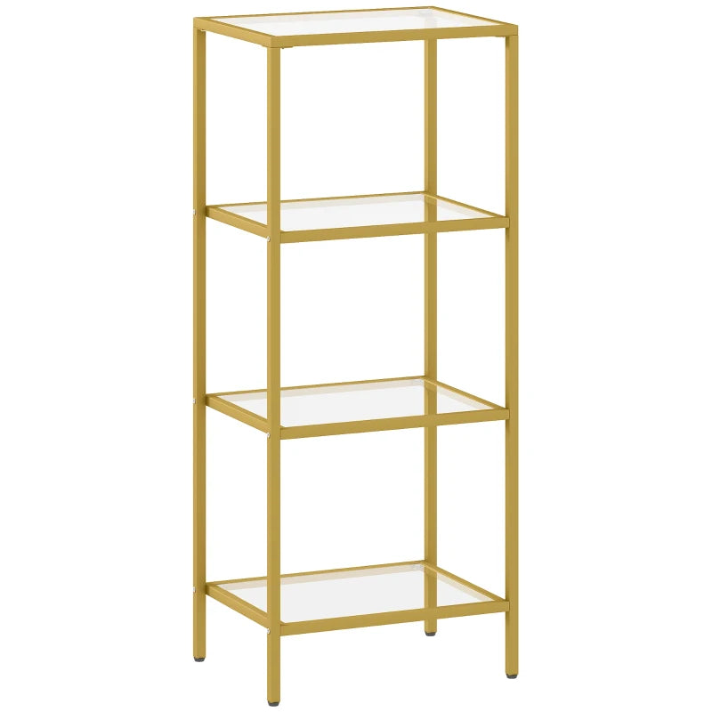 Elegant 4-Tier Glass Shelving Unit - Vertical Storage for Living Room, Home Office, Bedroom & Bathroom - Gold Tone Design