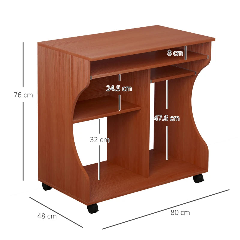 Multi-Storage Compact Work Desk on Wheels - Cherry Wood Finish, Space-Saving Home Office Furniture