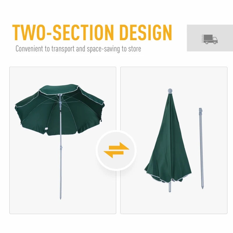 Green 2.2m Portable Beach Umbrella with Tilting Function