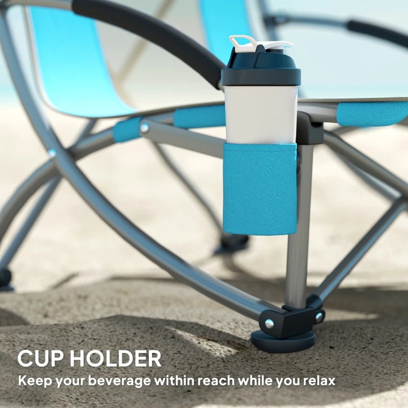 Set of 2 Low Folding Beach Chairs with Mesh Back Carry Bag and Cup Holder for Outdoor Camping Garden Picnic Travel Blue