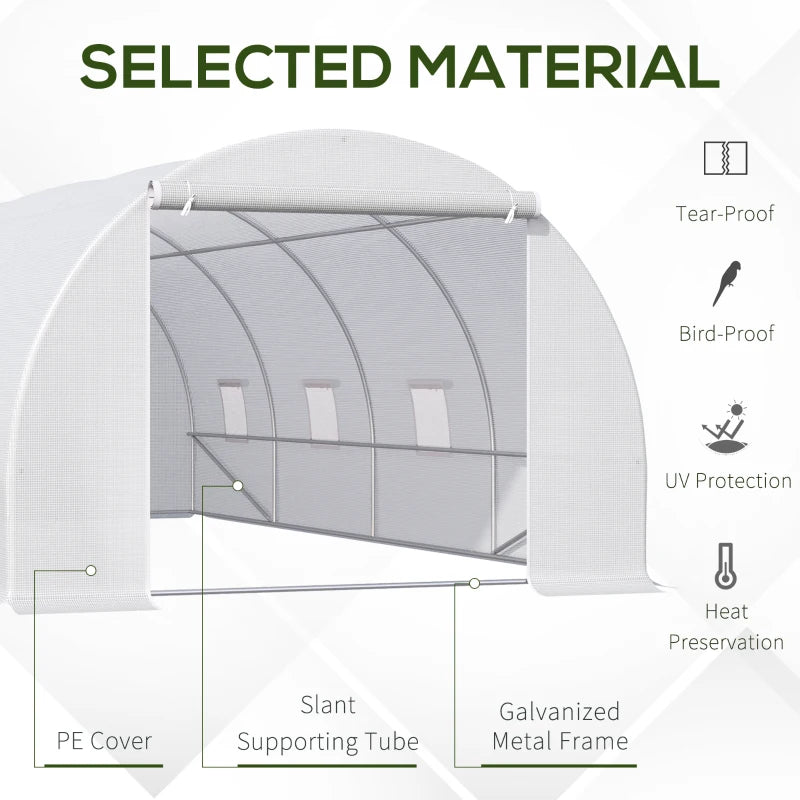 Green Walk-In Polytunnel Greenhouse, Metal Frame, Zippered Door, 8 Windows - White